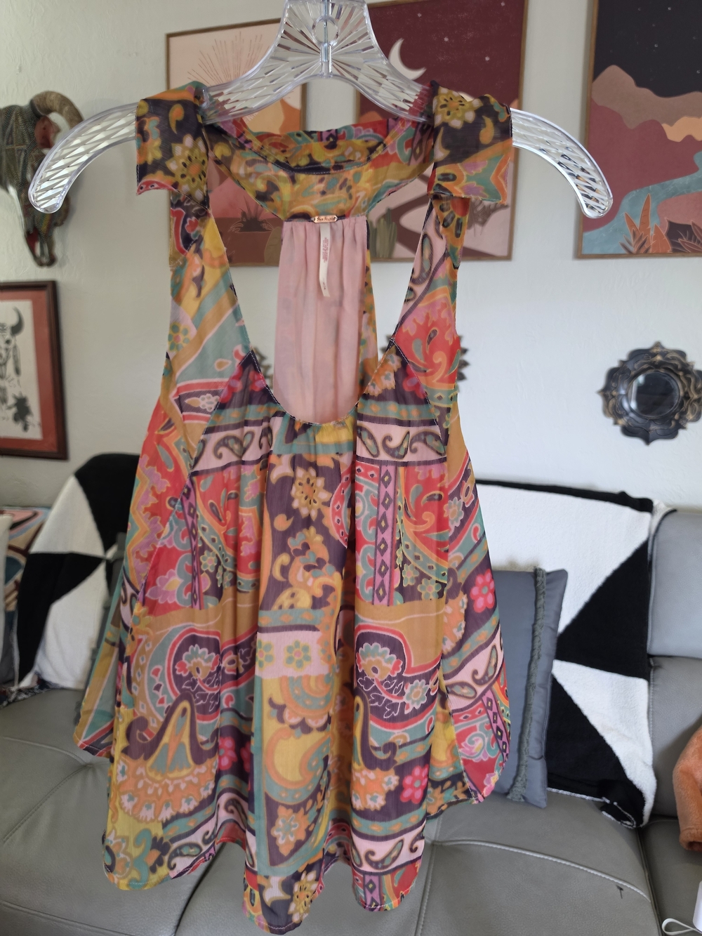 Free People Boho Paisley Print Open Back Tunic Top Flowy Festival Blouse S